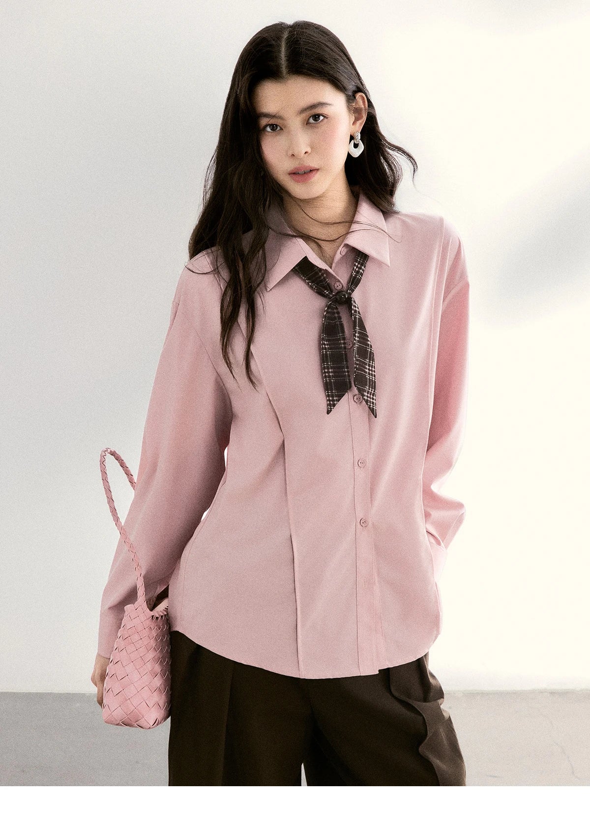 MISHOW Casual Loose Shirt with Plaid Scarf Lapel Top MXF108C0815