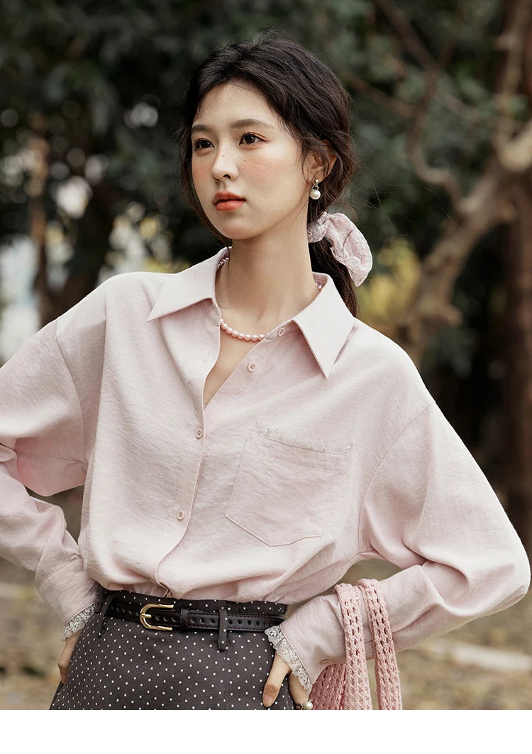 MISHOW Lace Trim Blouse Turn-Down Collar MXE16C0760