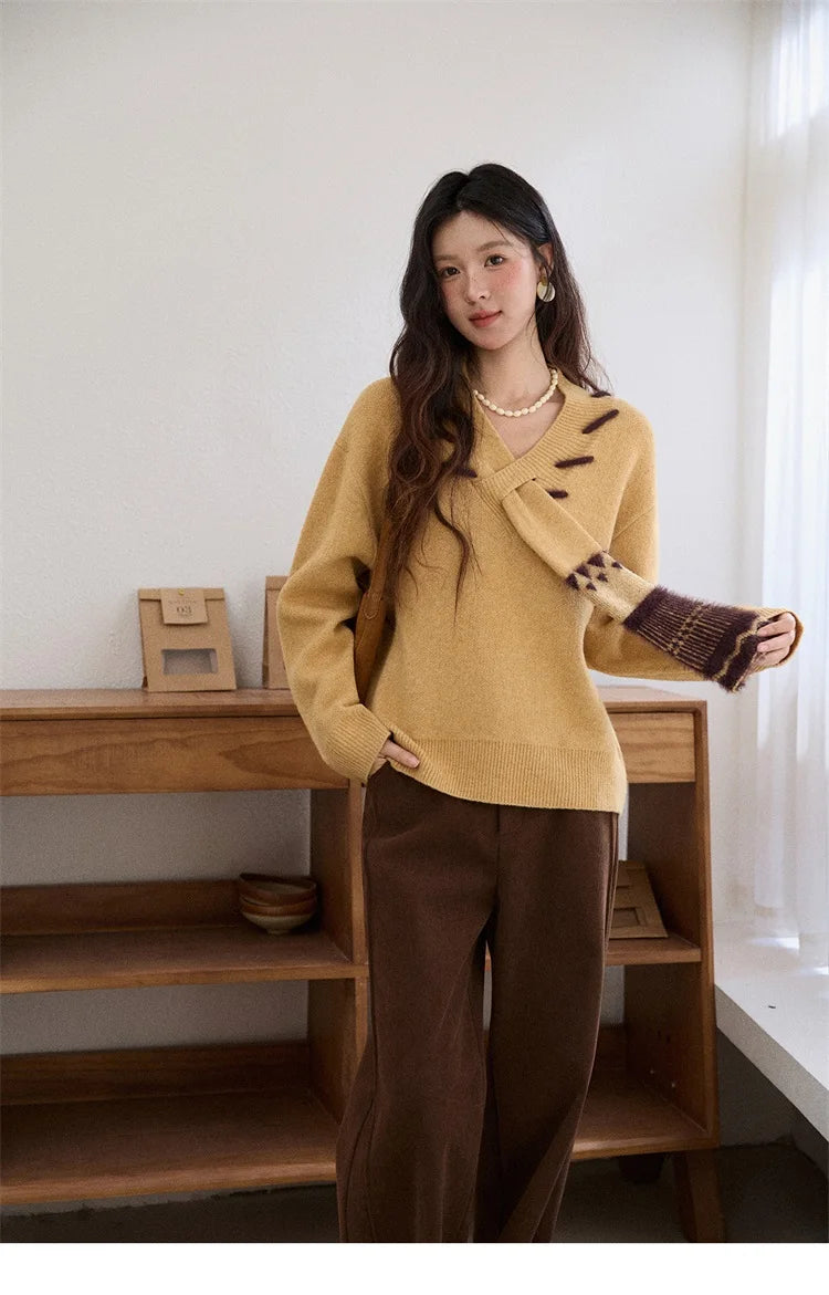 Mishow Yellow V-Neck French Workwear Pullover MXE87Z2771