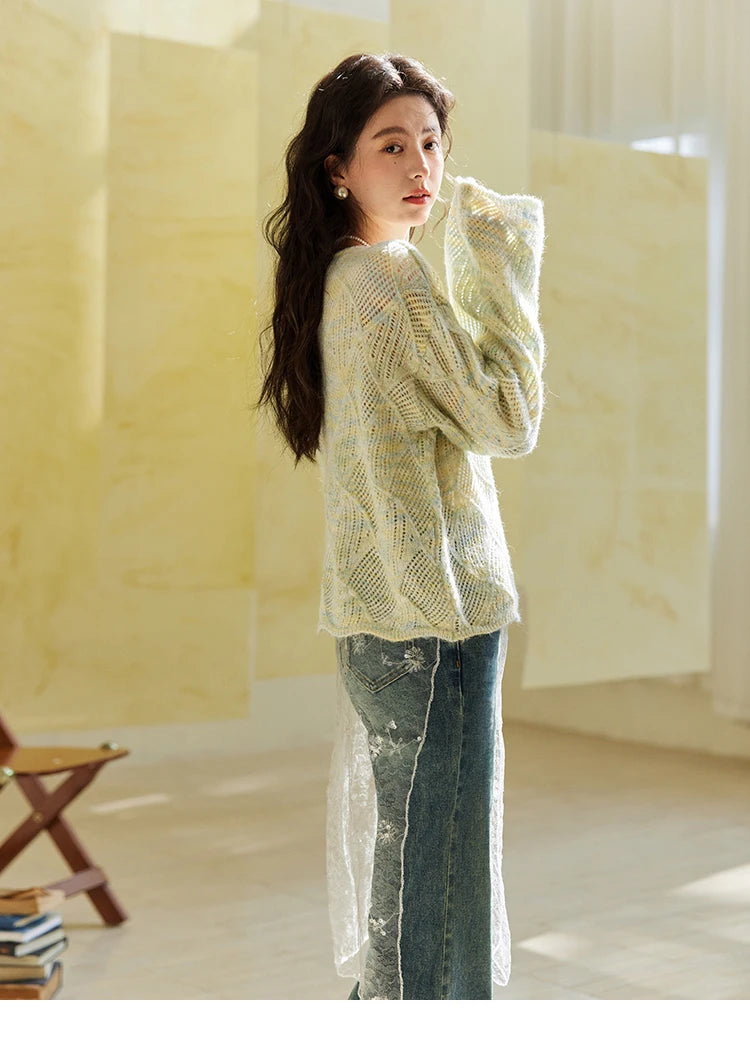 Mishow Hollow Dropped Shoulder Hem Wavy Edge Sweater MXE14Z1208
