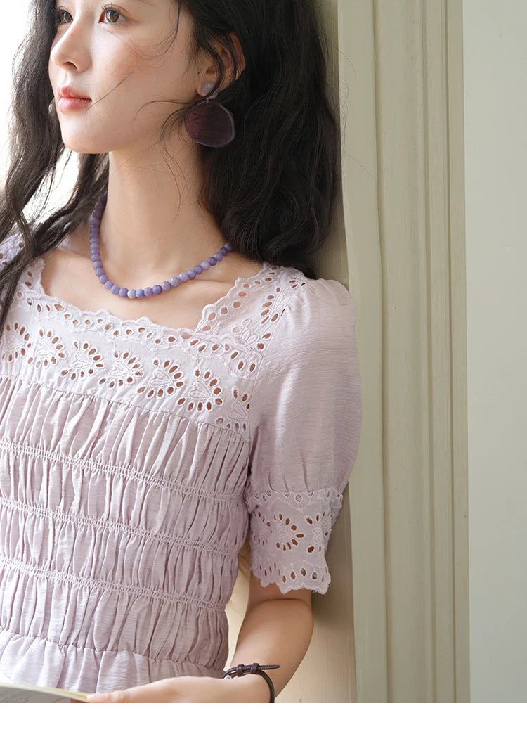 Mishow Purple Square Neck Puff Sleeve Lace Dress MXE39L2406