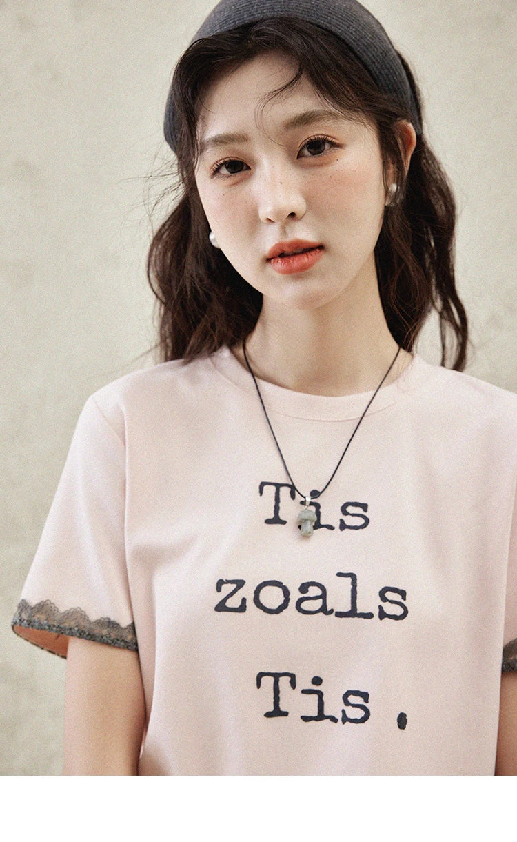 Mishow Pink Letter Print Lace Trim Tee MXE32T0529