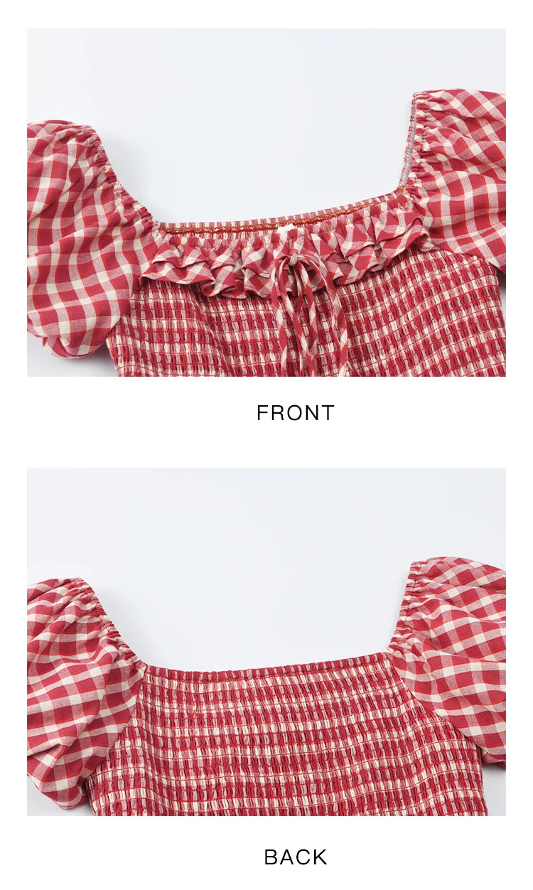 Mishow Retro Red Plaid Square Neck Lace Up Dress MXE39L2324