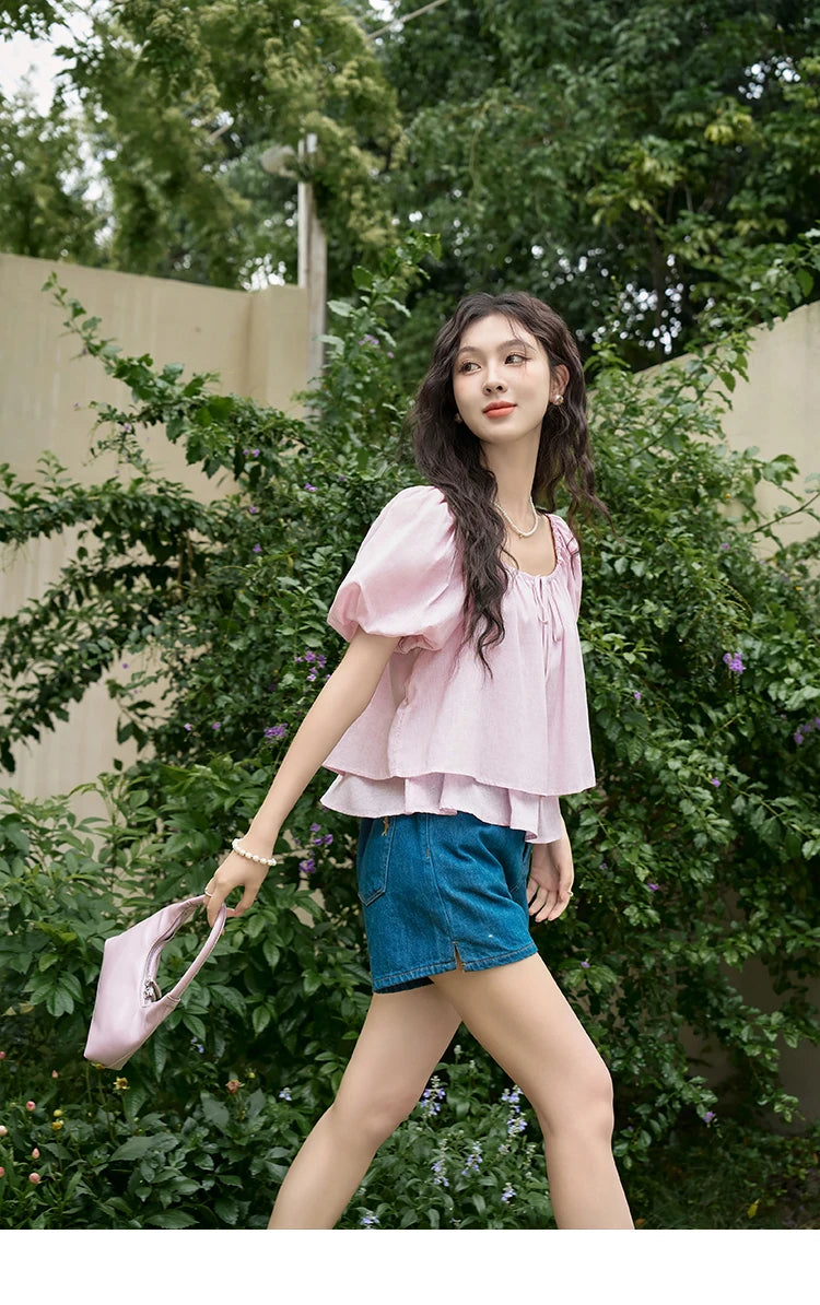 MISHOW Square Neck Blouse Tied Lantern Sleeve Double Layered Hem MXD26X1551