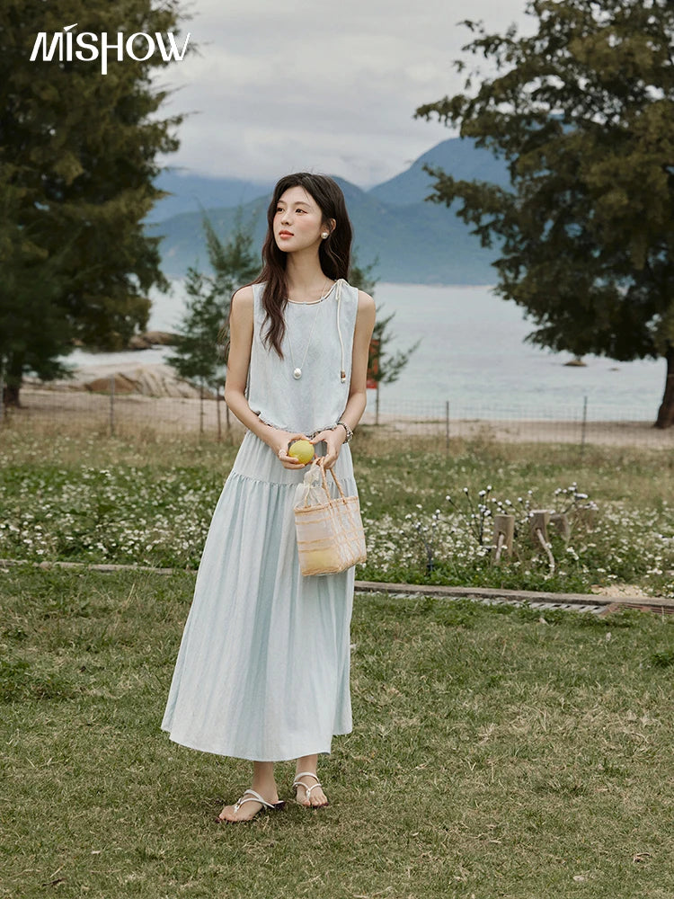 Mishow Sleeveless Round Neck Vest & Solid Midi Skirt Set MXE33T0526