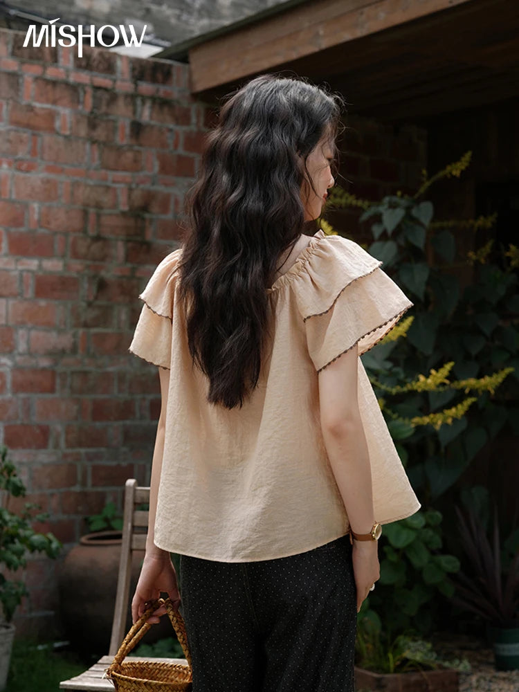 MISHOW Butterfly Sleeve Blouse Square Neck Button Loose MXE37X1854