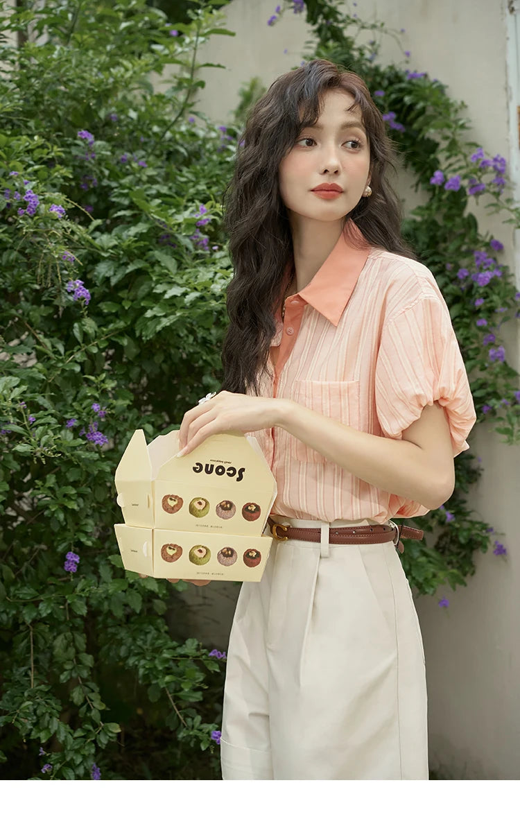 MISHOW Hong Kong Retro Pink Striped Shirt Bubble Sleeve Lapel MXD28C0250