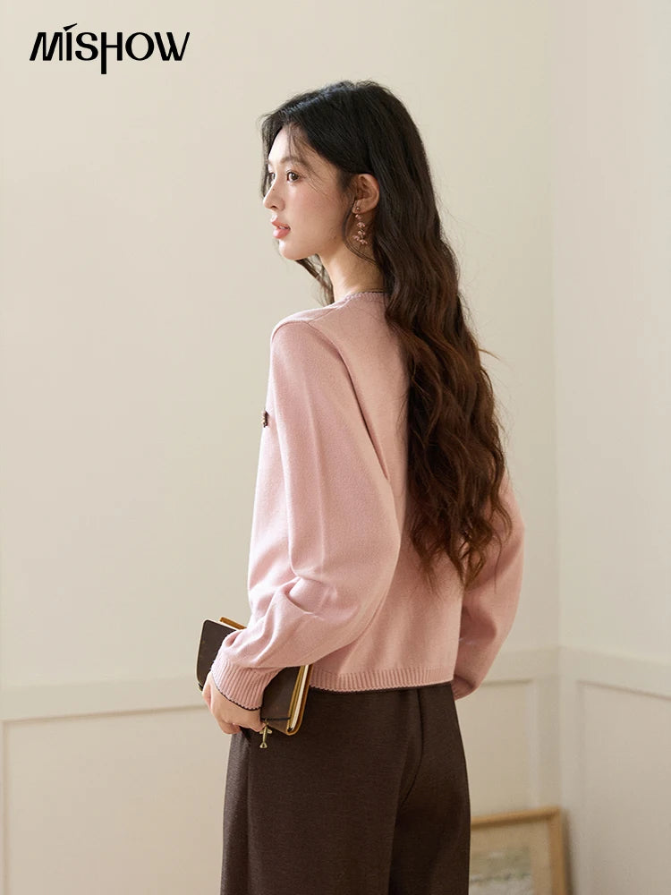 Mishow Pink Contrast Trim Pony Decoration Cardigan MXF108Z1023