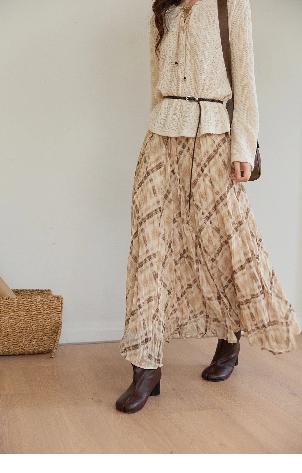 MISHOW Beige Plaid Maxi Skirt High Waist Flowy Elastic MXF108B0769