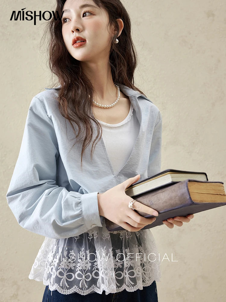 MISHOW French Fake Two-Piece Blouse Turn-Down Collar Lace Splicing MXE16C0783