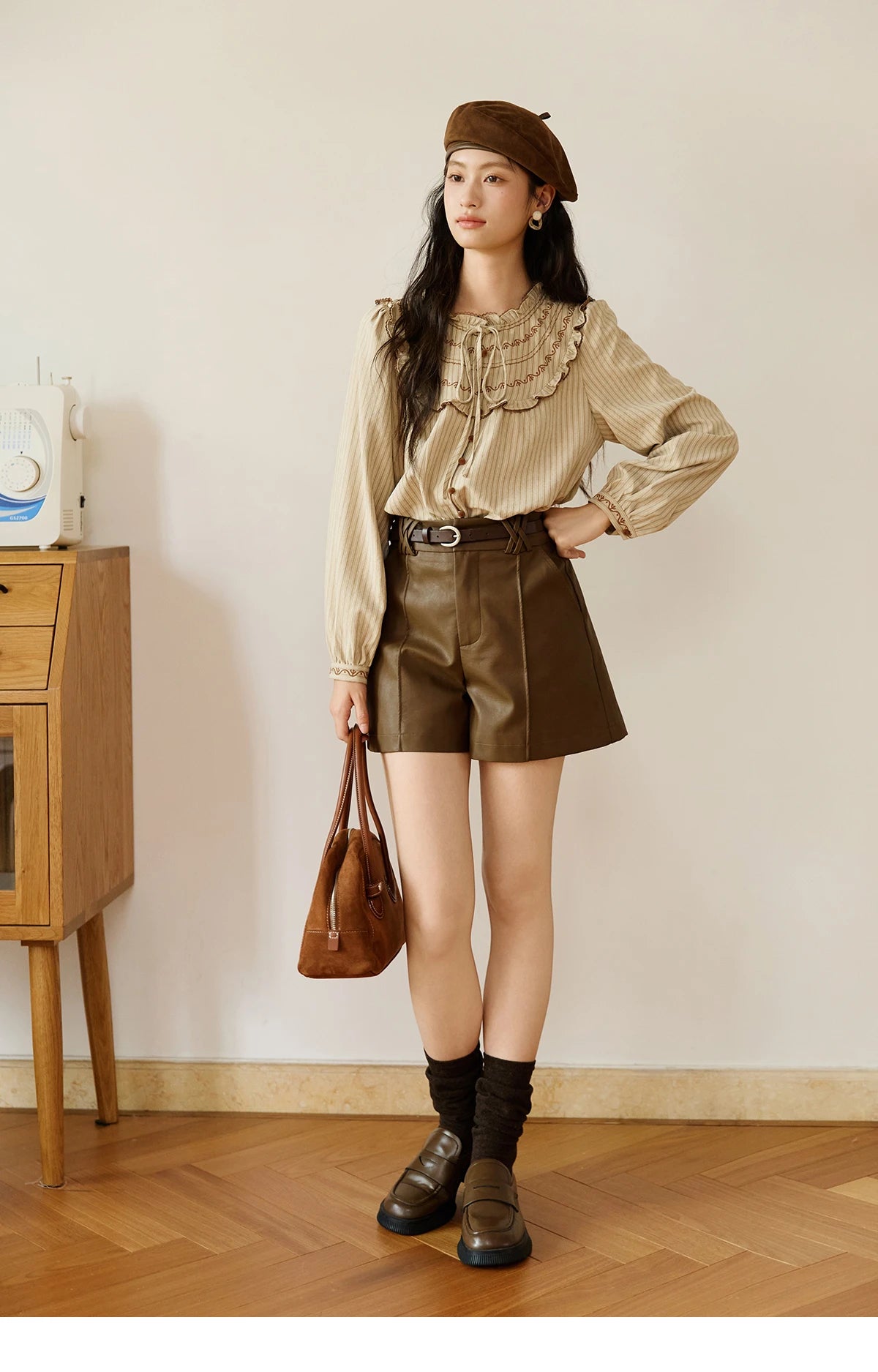 MISHOW Striped Shirt Wood Ear Edge Round Neck Embroidery MXE46X2492