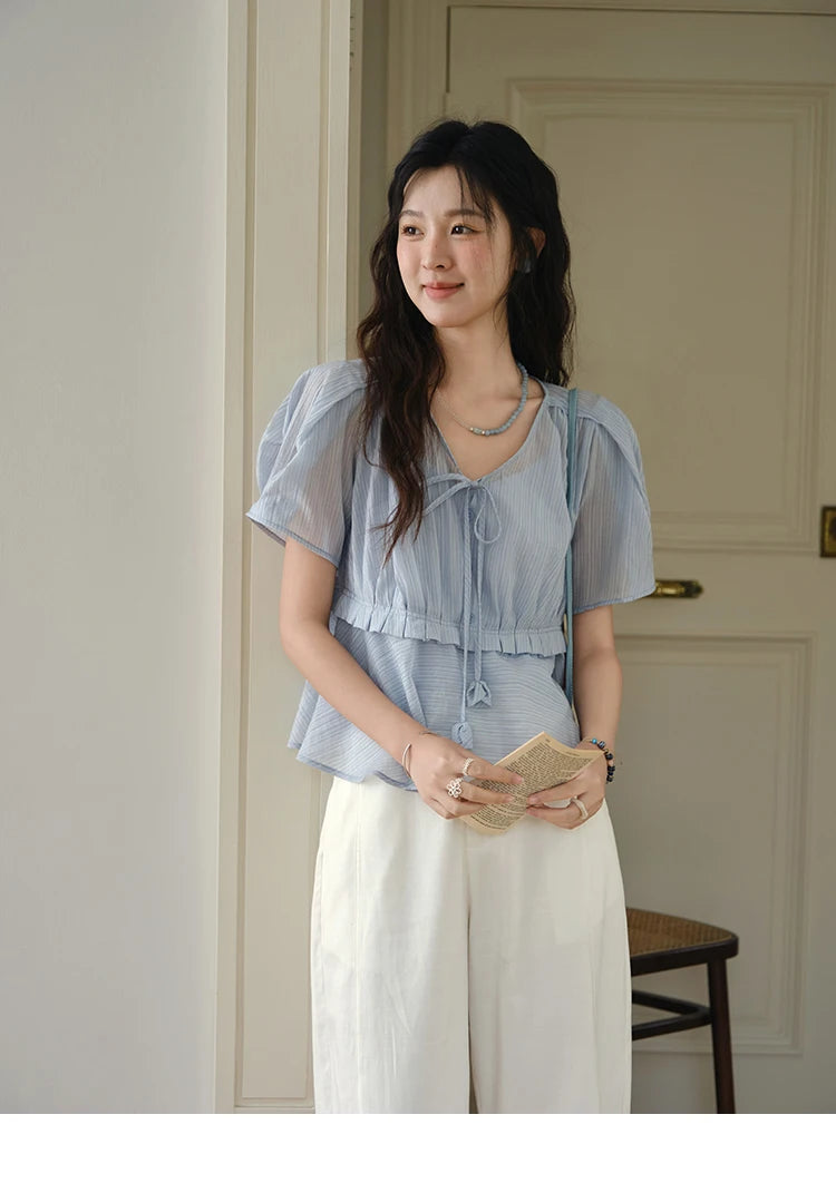 MISHOW V-Neck Blouse Splicing Button Lace Up Short Sleeve MXE34X1821