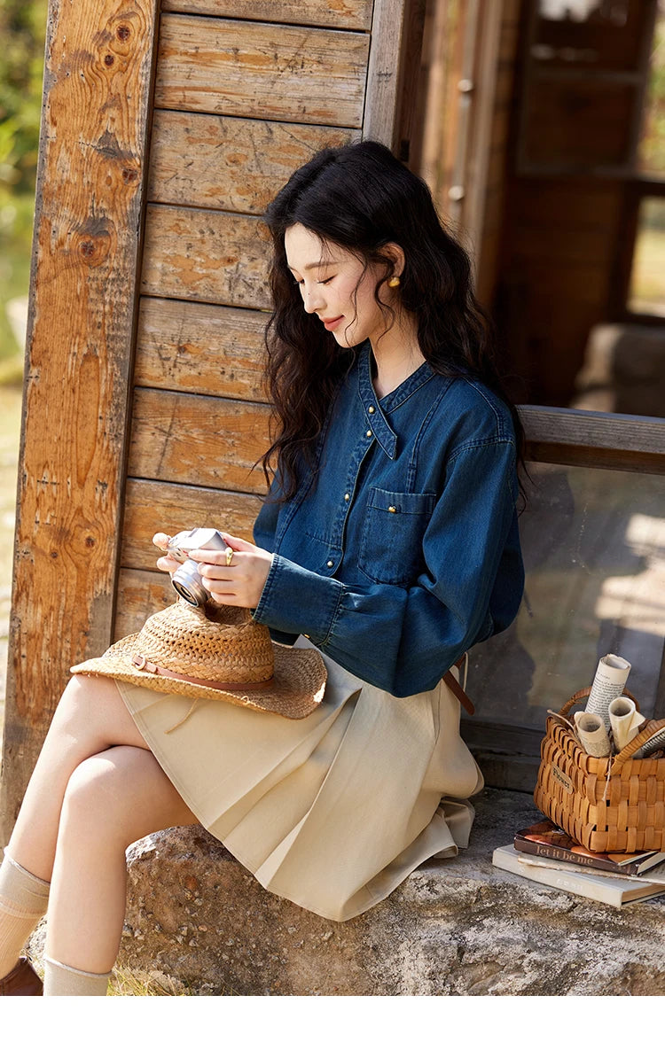 MISHOW 100% Cotton Denim Shirt O-Neck Loose Fit MXE12C0384