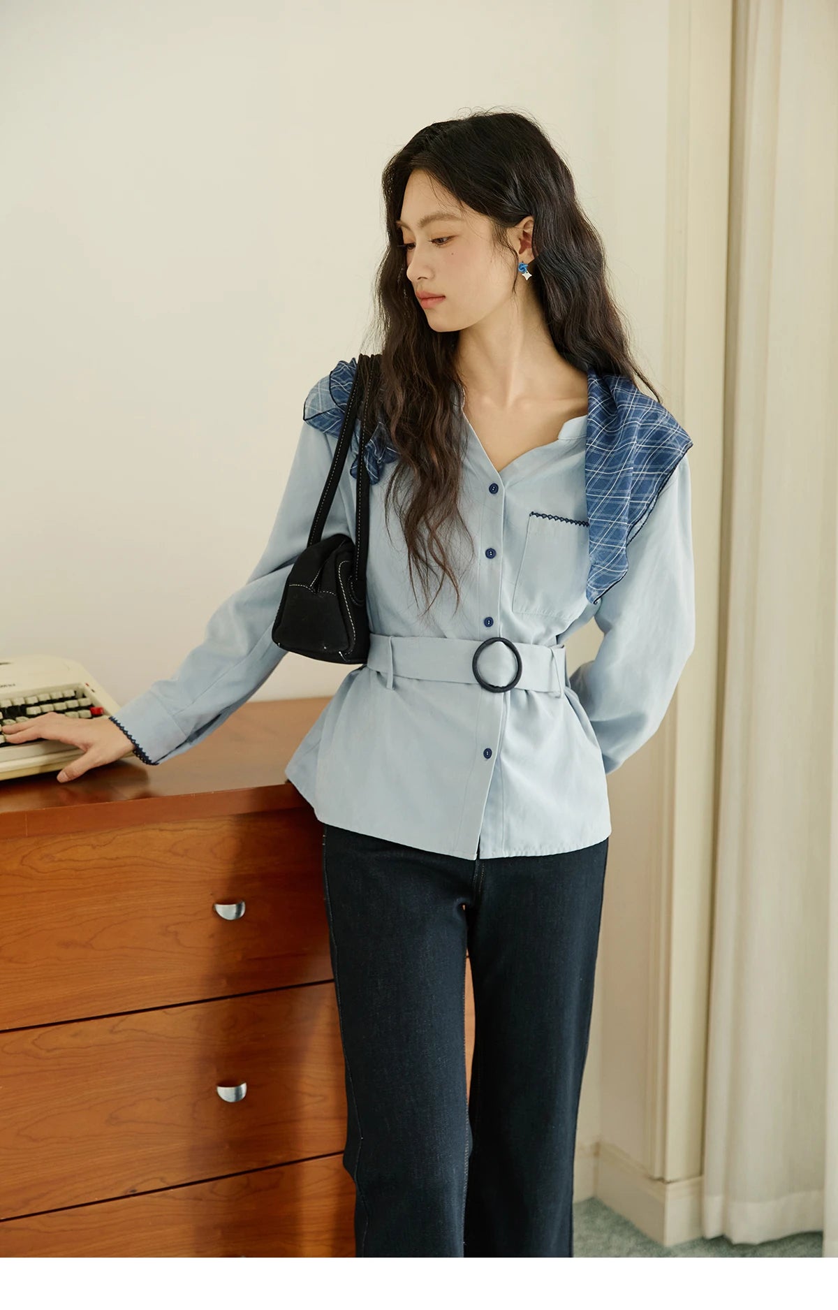 MISHOW Haze Blue Velvet Shirt Contrast Color Waist Sash MXE47X2497