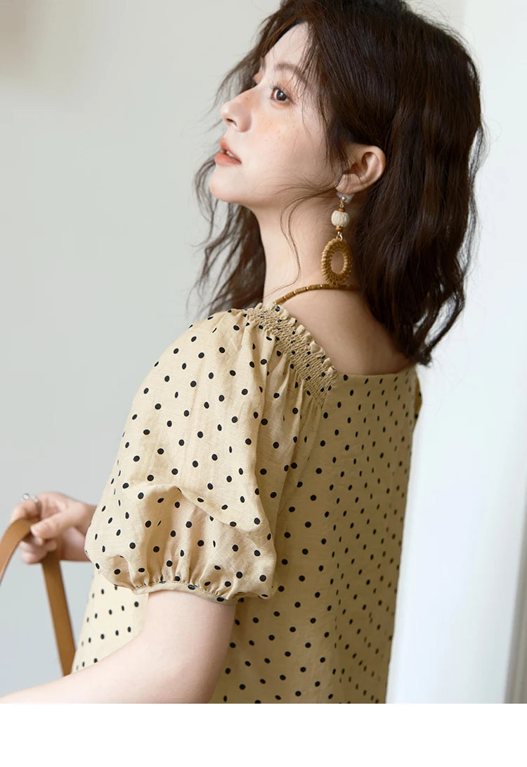 MISHOW Polka Dot Puff Sleeve Blouse V-Neck Button MXE37X1859