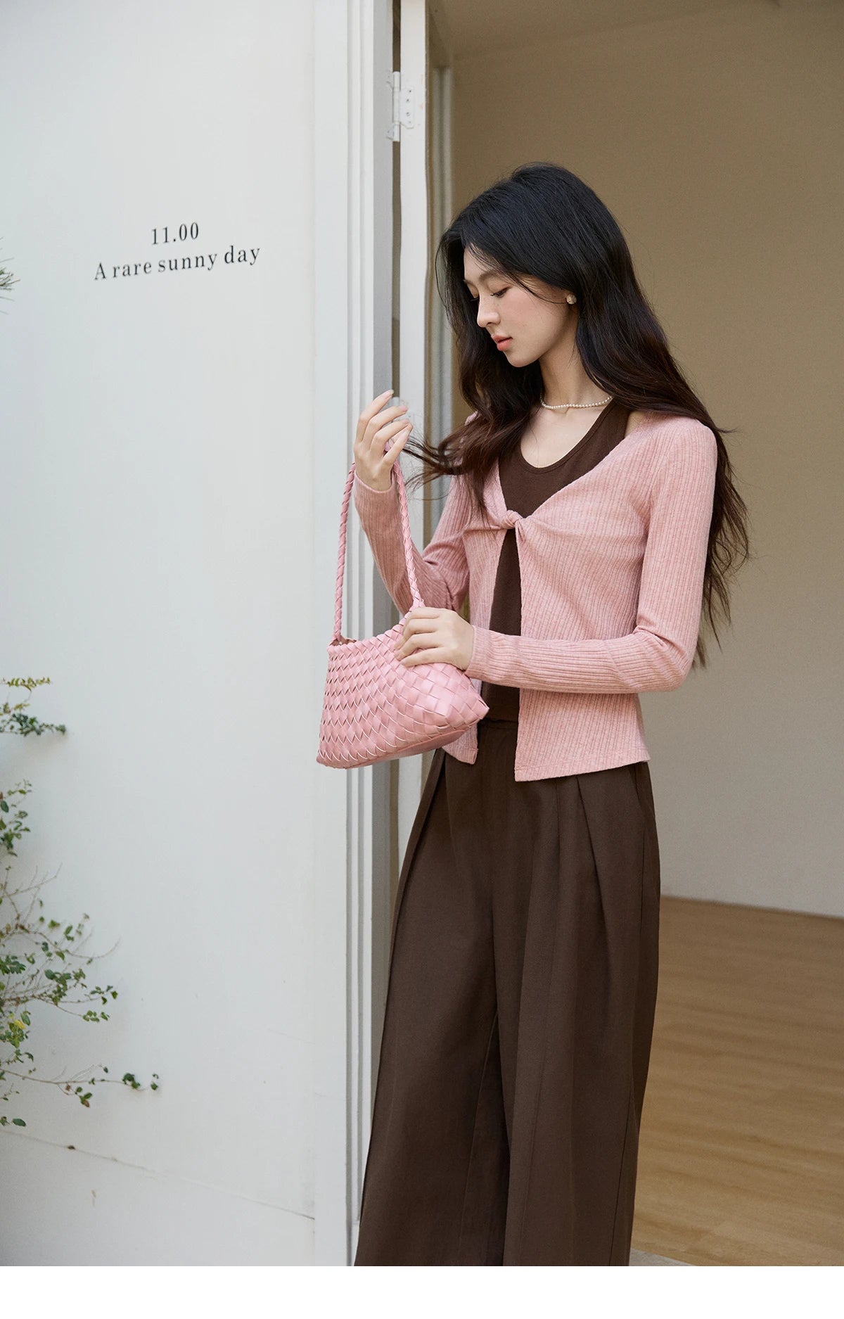 Mishow Pink Brown Fake Two-Piece Knot Front Top MXF11Z2912