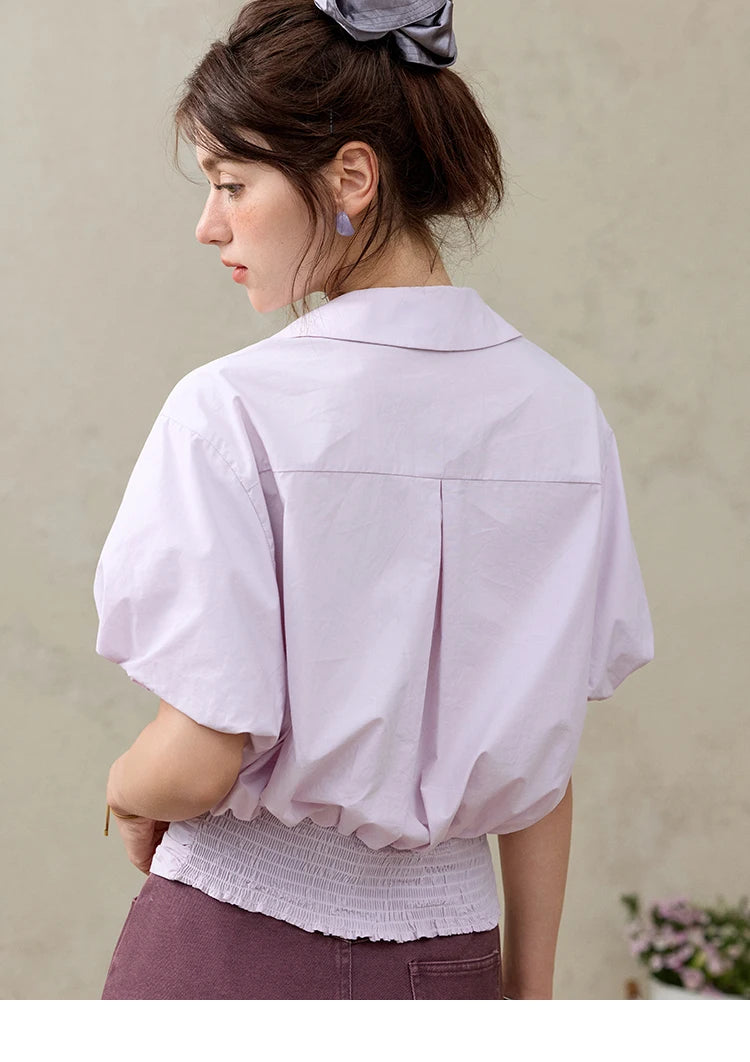 MISHOW Purple Cotton Blouse Turn-Down Collar Short Sleeve MXE32X1794
