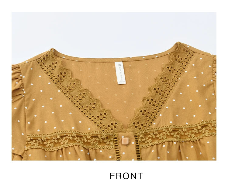 MISHOW V-Neck Lace Polka Dot Blouse Ruffled Button MXE38X1847