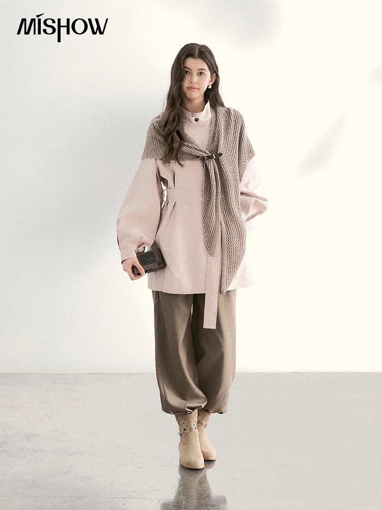 Mishow Dusty Pink Stand Collar Belted Trench MXF108W1002