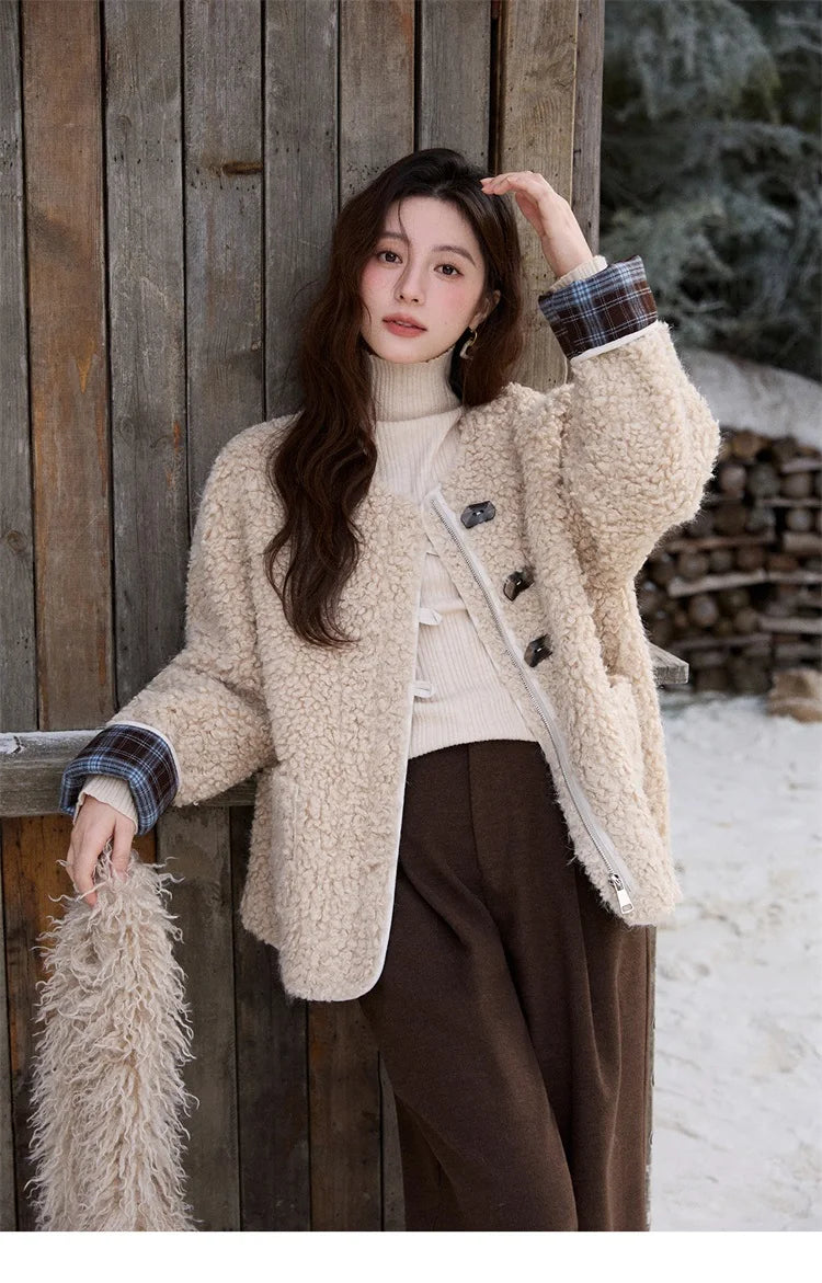 Mishow Plaid Patchwork Curly Lambswool Coat MXE87W0939