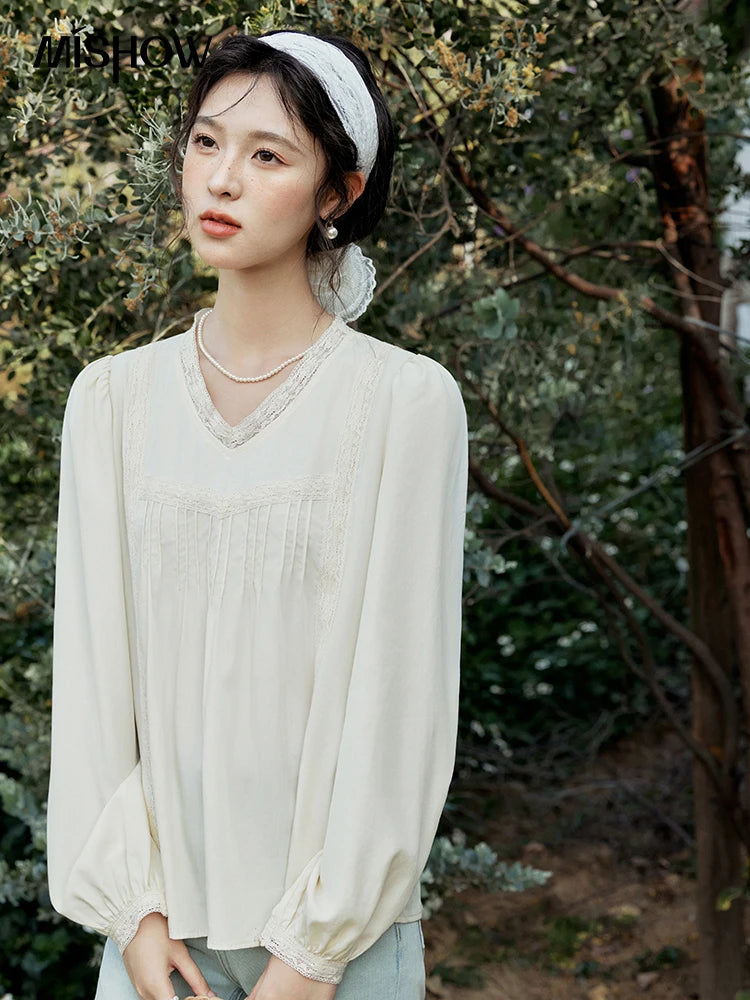 MISHOW Lyocell Blouse Lace V-Neck Puff Sleeve MXE15X1735