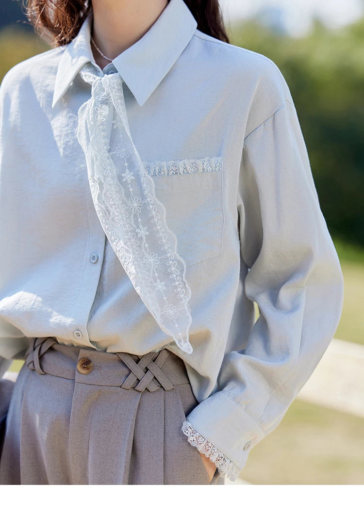 MISHOW Lace Trim Blouse Turn-Down Collar MXE16C0760