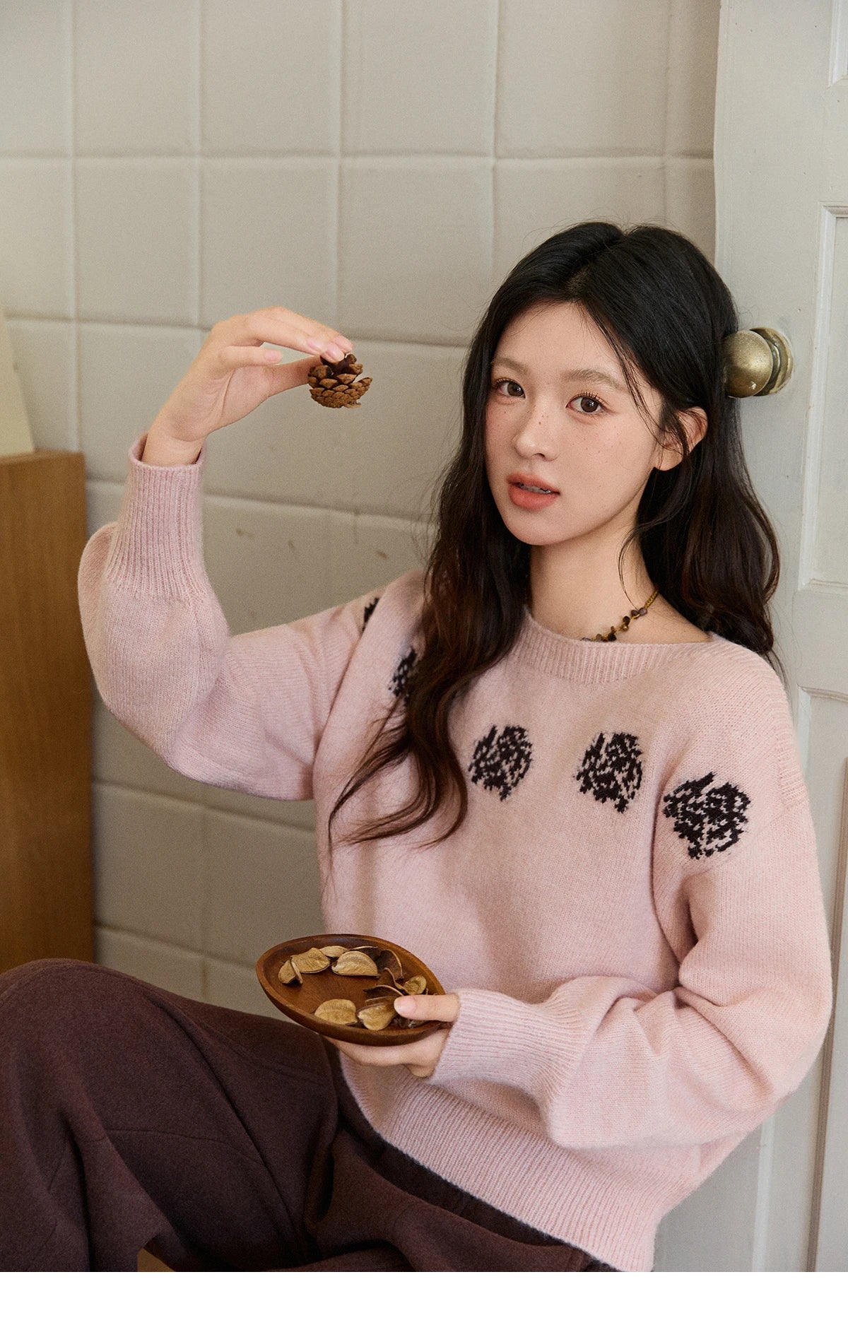 Mishow Pink Jacquard Lantern Sleeve Drop Shoulder Sweater MXE91Z2775