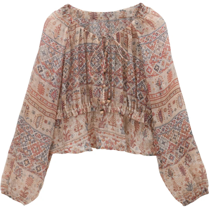 MISHOW National Style Printed Blouse Round Neck Drop Sleeve MXE47X2508