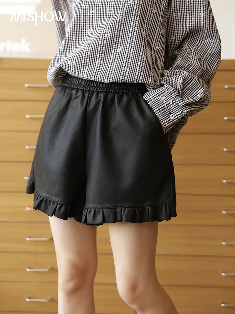 Mishow PU Leather High Waist Ruffle Hem Shorts MXE42K1068