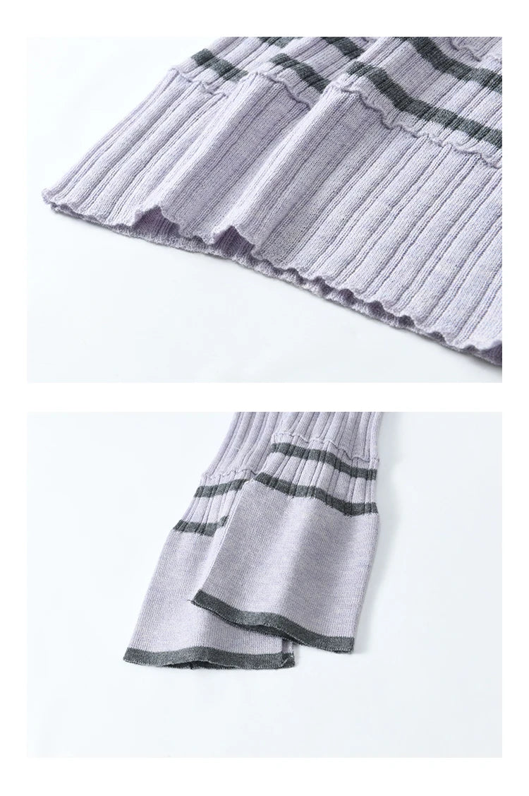 Mishow Contrast Color Striped V-Neck Trumpet Sleeve Top MXE13Z1141
