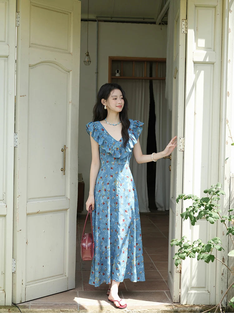MISHOW Floral V-Neck Lace-Up Flying Sleeve Dress MXE39L2436