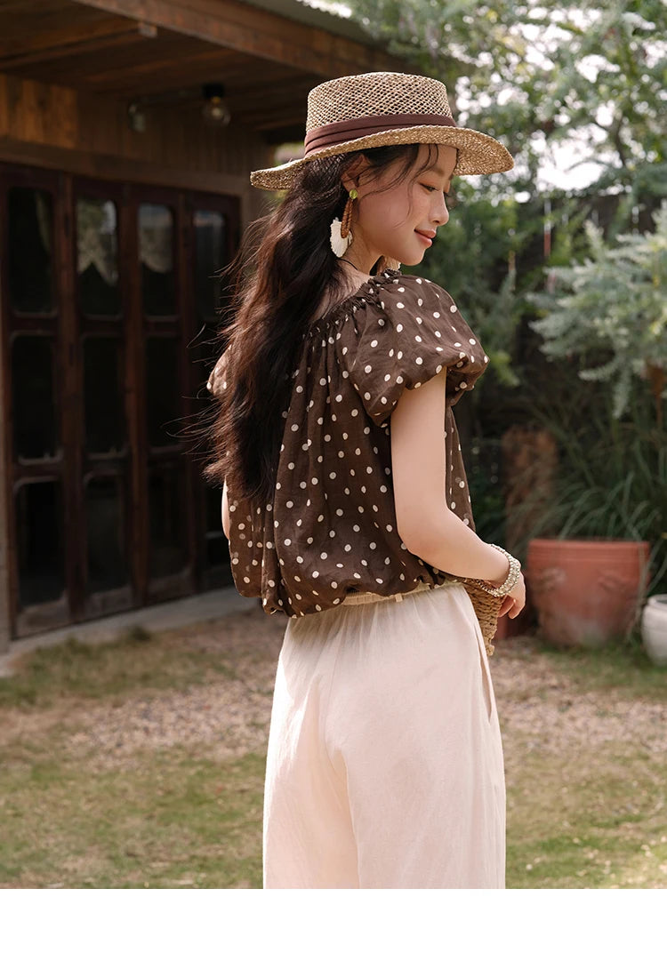 Mishow Polka Dot One Shoulder Puff Sleeve Top & Wide Leg Pants Set MXE38T0683
