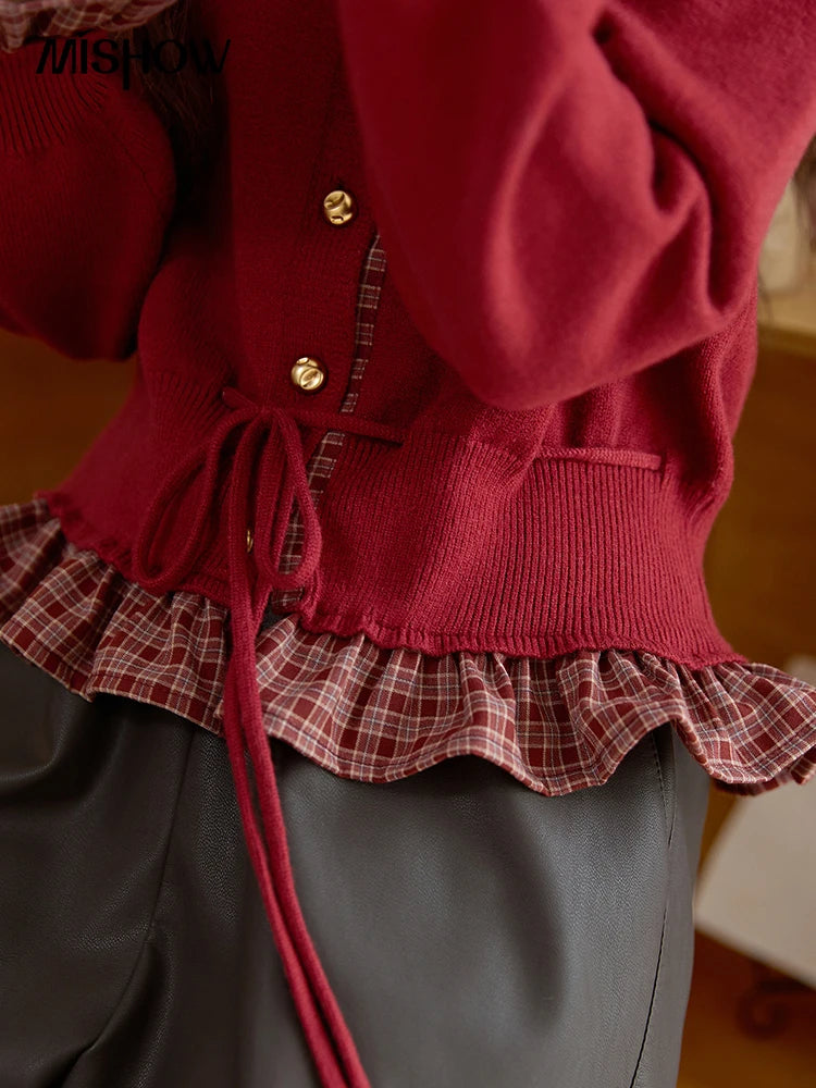 Mishow Red Fake Two-Piece Plaid Patchwork Cardigan MXE45Z2483