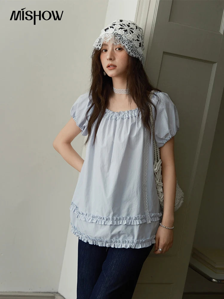 MISHOW Puff Sleeve Blouse Edible Tree Fungus Spliced MXE39X1929