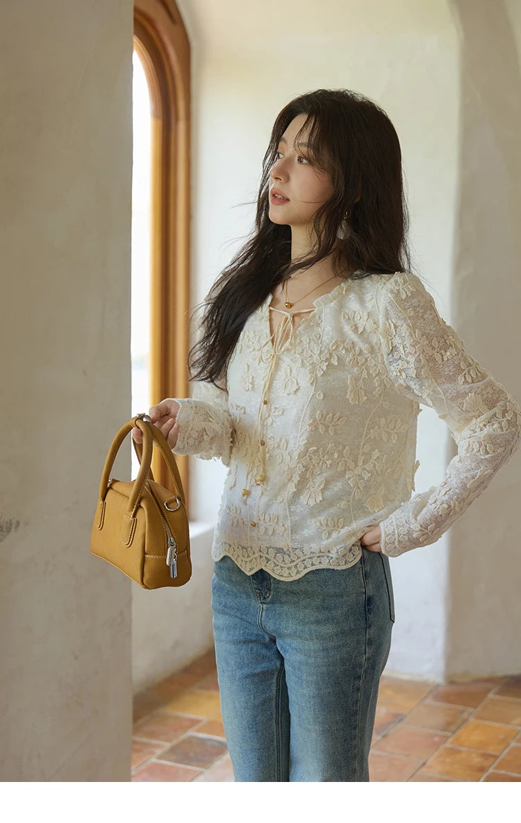 MISHOW Lace Jacquard Embroidered Shirt Black Fungus Edge MXE41X1927