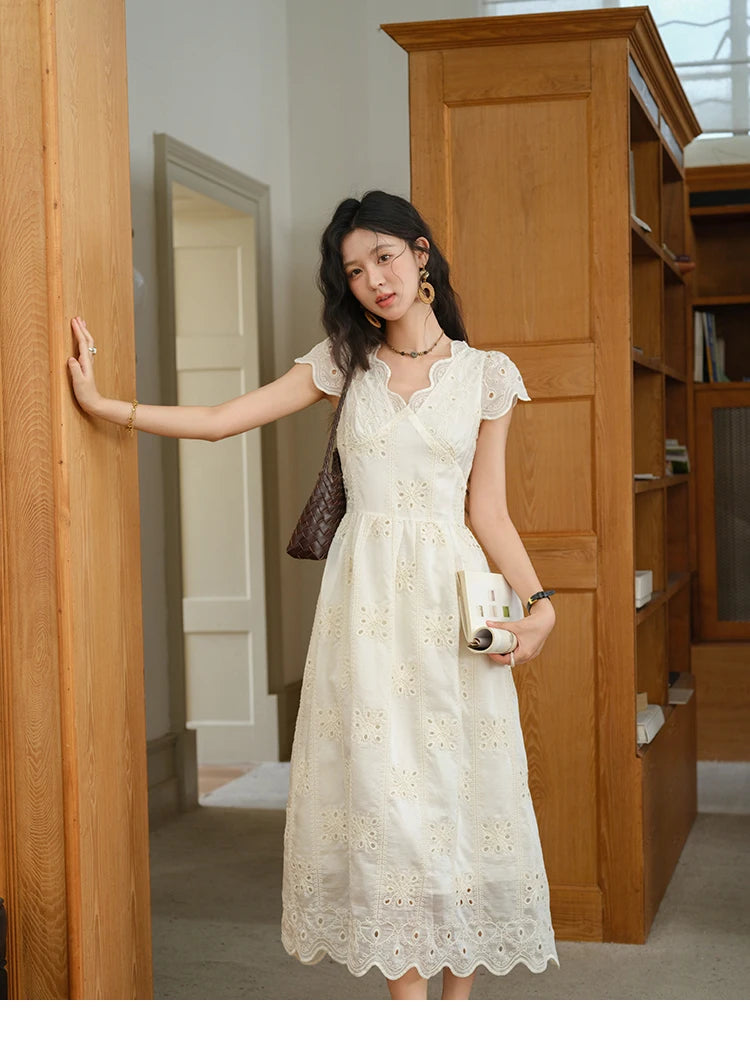 Mishow Flying Sleeve V-Neck Hollow Embroidered Dress MXE39L2404