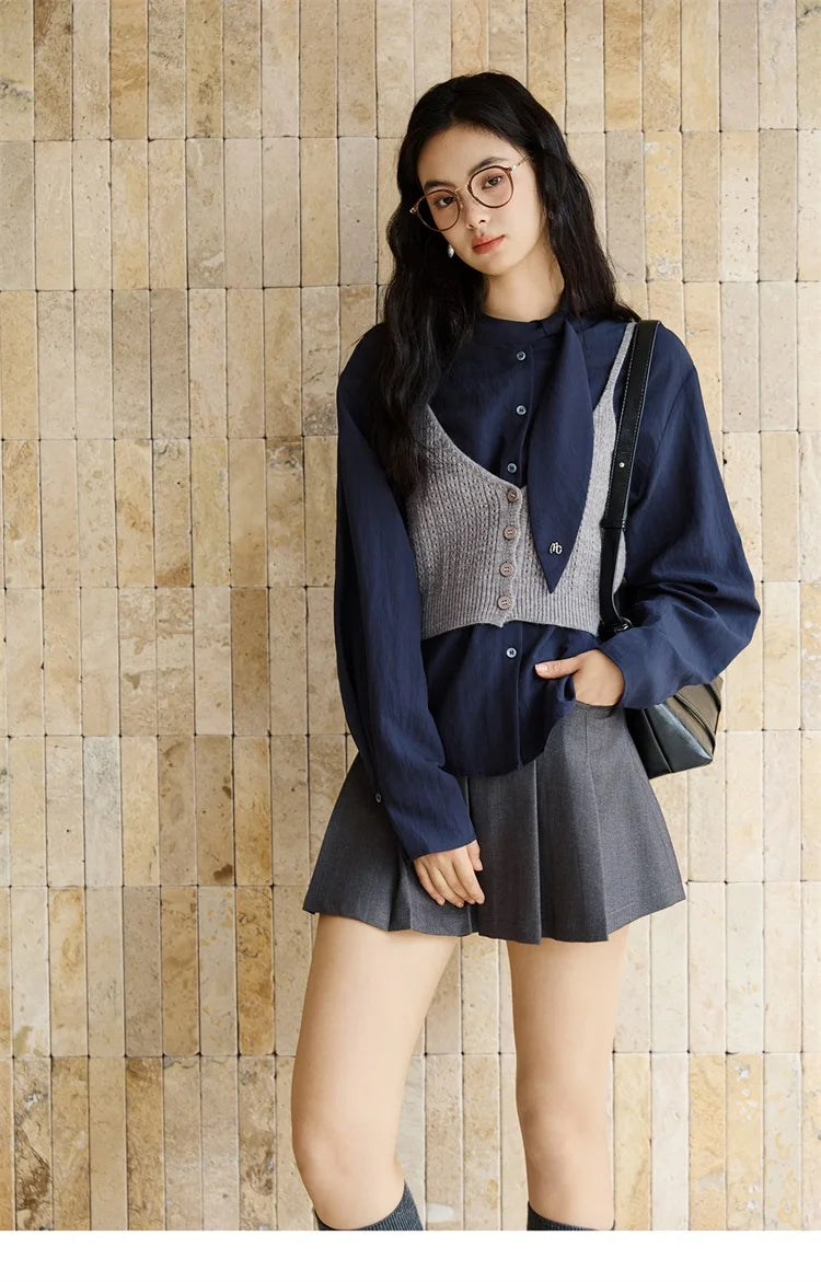 MISHOW Navy Ribbon Layered Shirt Knit Camisole Two-Piece Set MXE47T1412