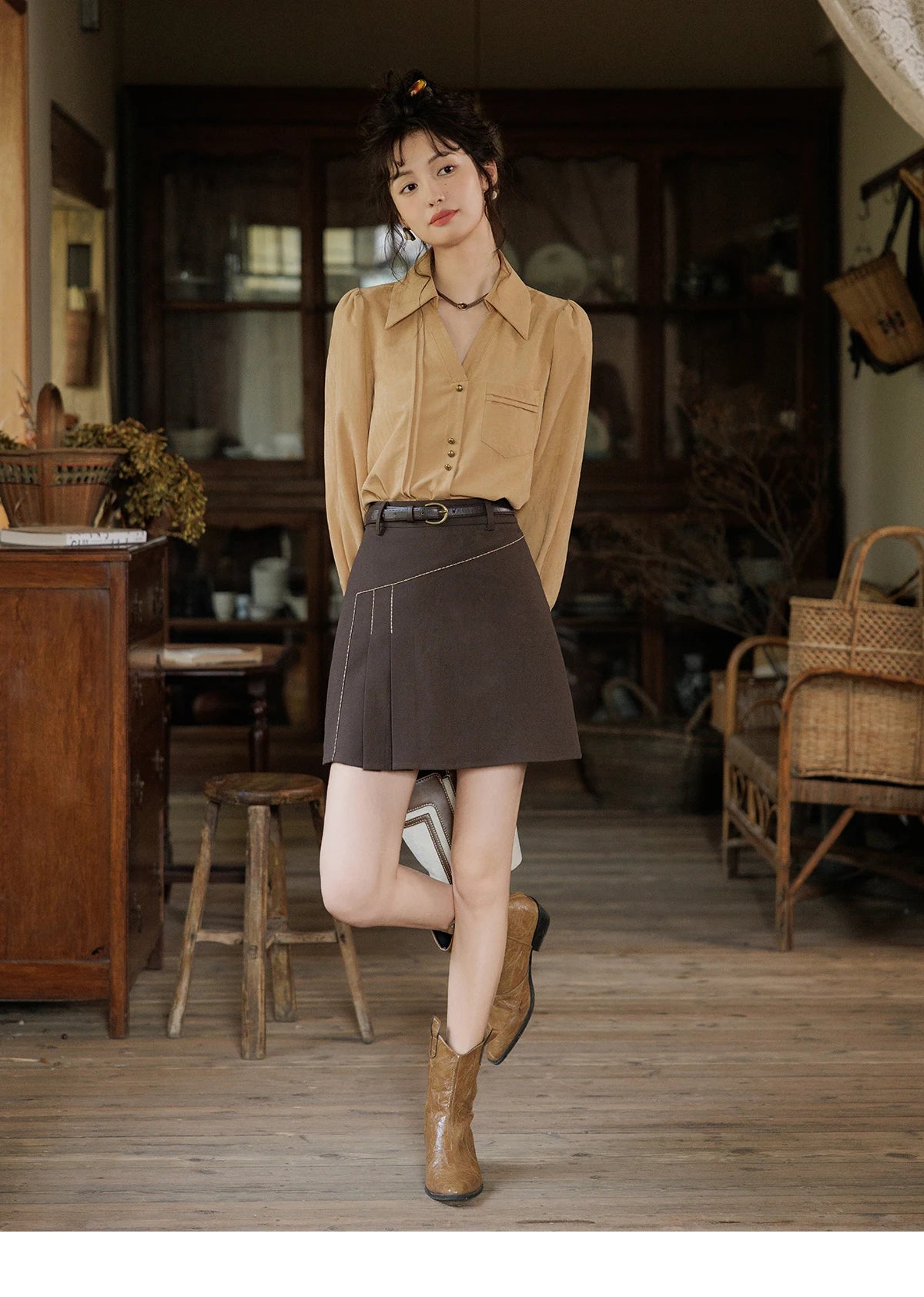 MISHOW French Lapel V-Neck Shirt Retro Button Pockets MXD43C0306