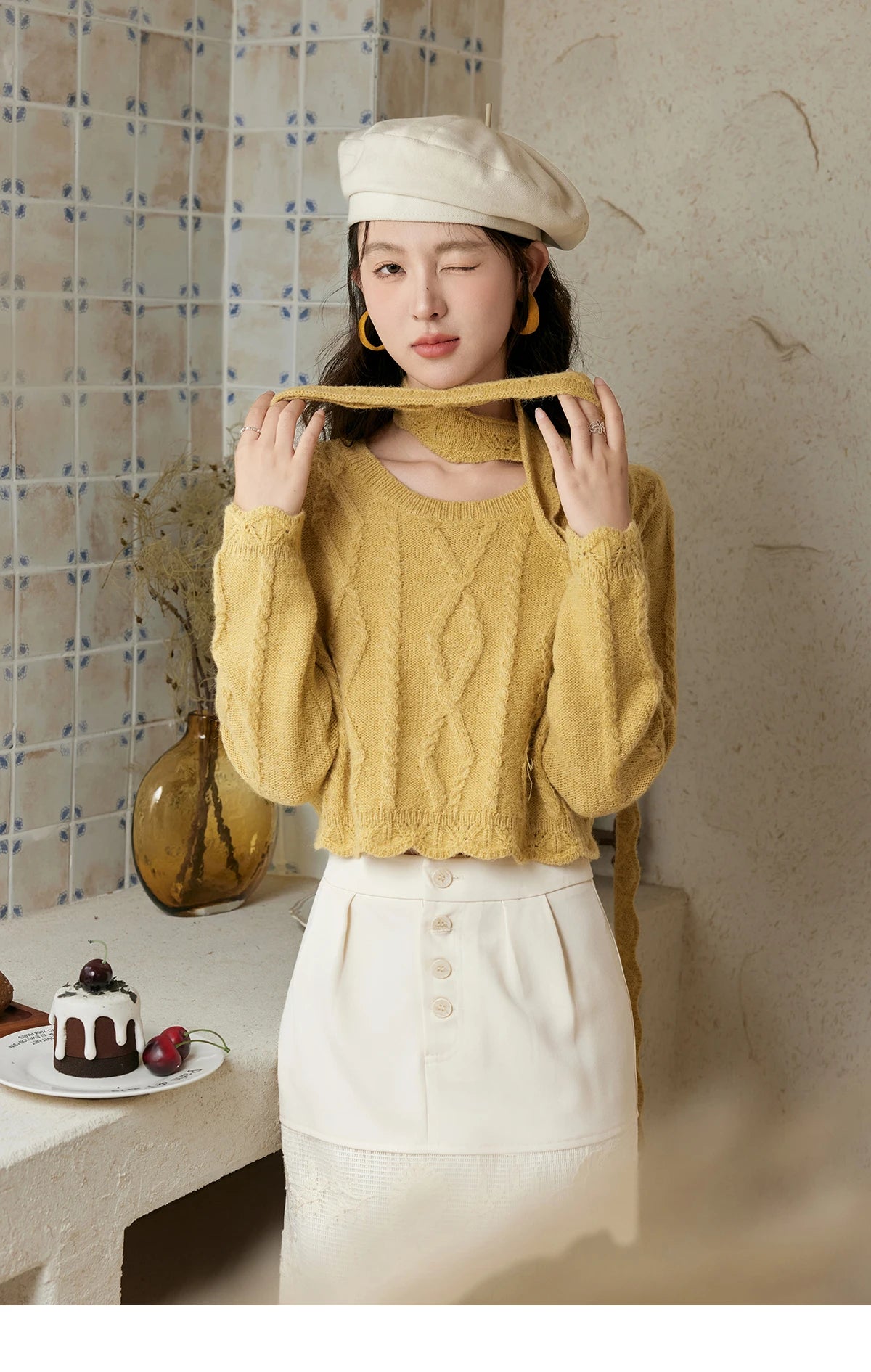 MISHOW Romantic Lace Wave Knit Sweater with Belt MPD42Z0736