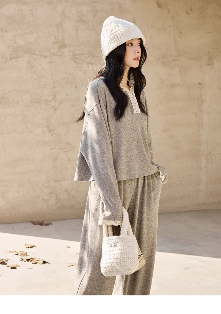 Mishow Lace Splicing Hooded Sweatshirt & Wide Leg Pants Set MXD34V0098