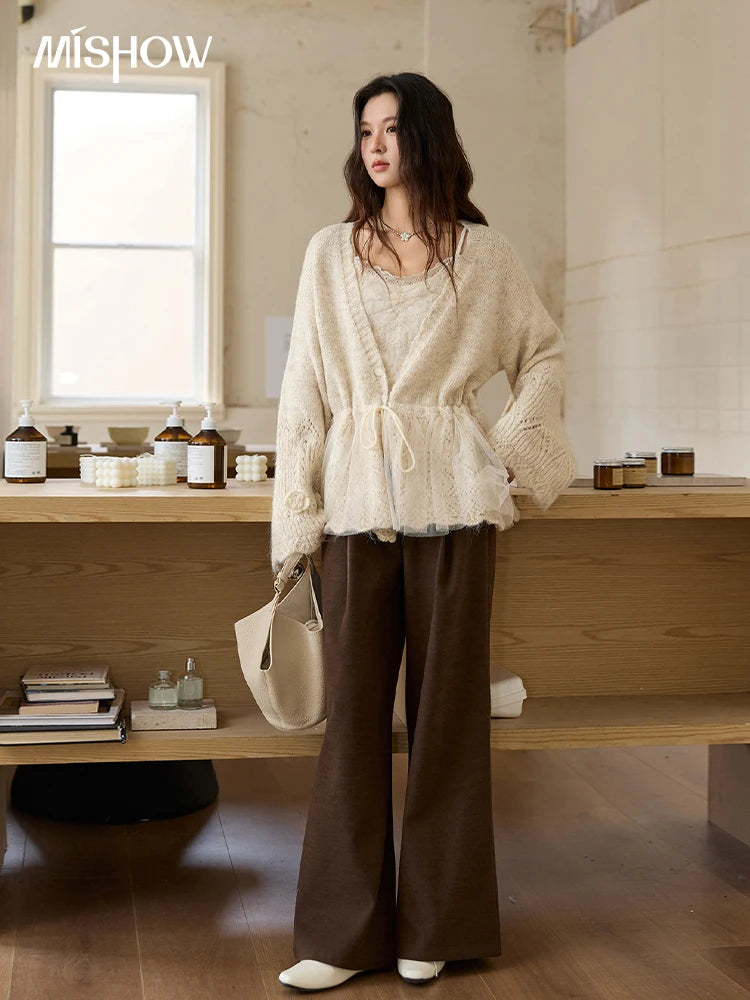 Mishow Apricot Mesh Flower Drawstring Cardigan MXE88Z2707