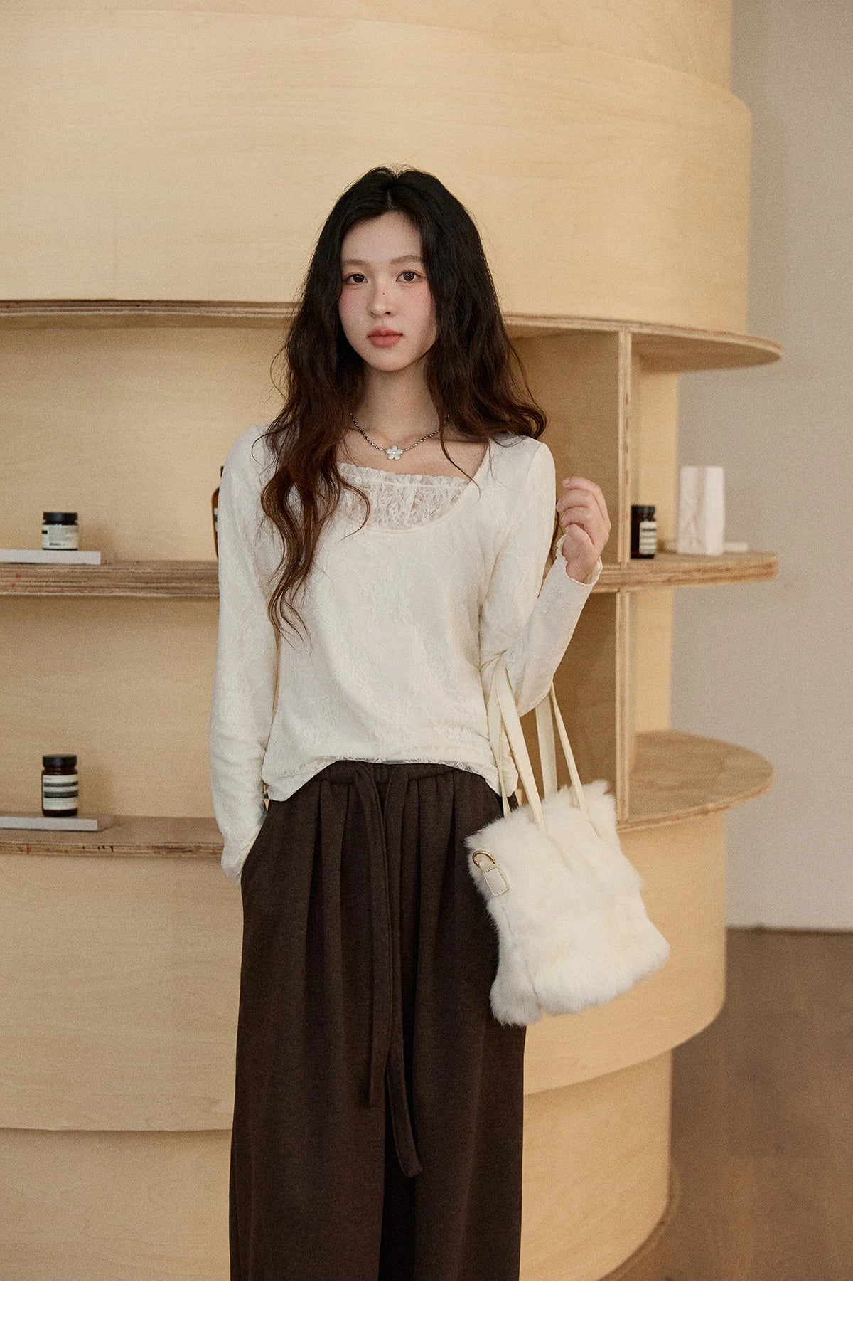 Mishow Beige Lace Patchwork Square Neck Top MXE91X2514