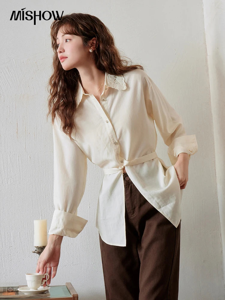 MISHOW Casual Loose Shirt Embroidery Hollowed Out Turn-Down Collar MXC41C0077