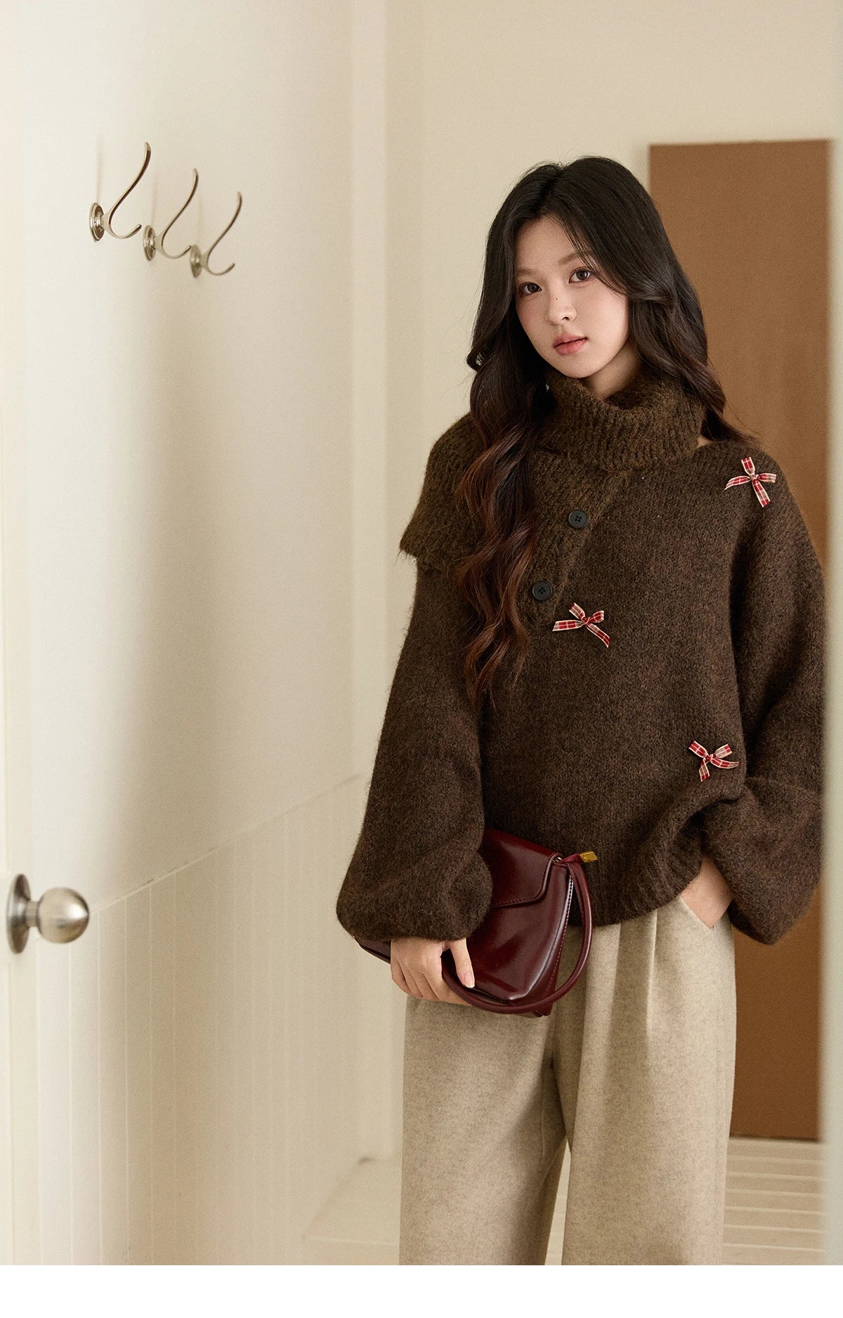 Mishow French Plaid Bow Detachable Shawl Collar Sweater MXE93Z2946