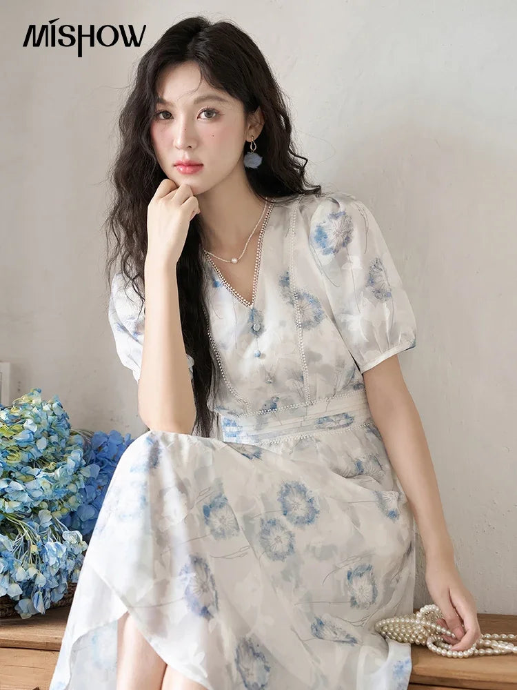 Mishow Taraxacum Print V-Neck Puff Sleeve Dress MXC39L1555