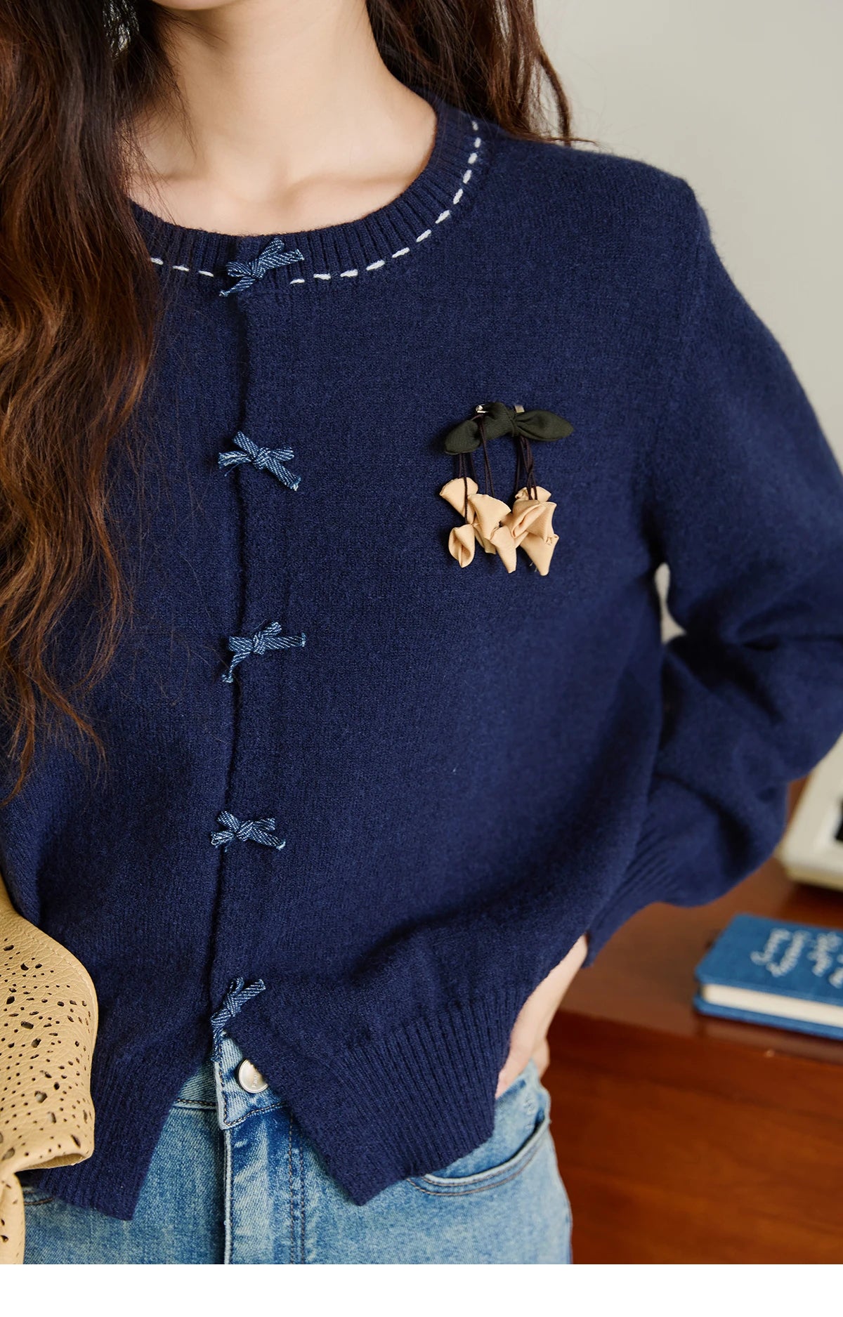 Mishow Bow Placket Lantern Sleeve Cardigan with Brooch MXE45Z1377