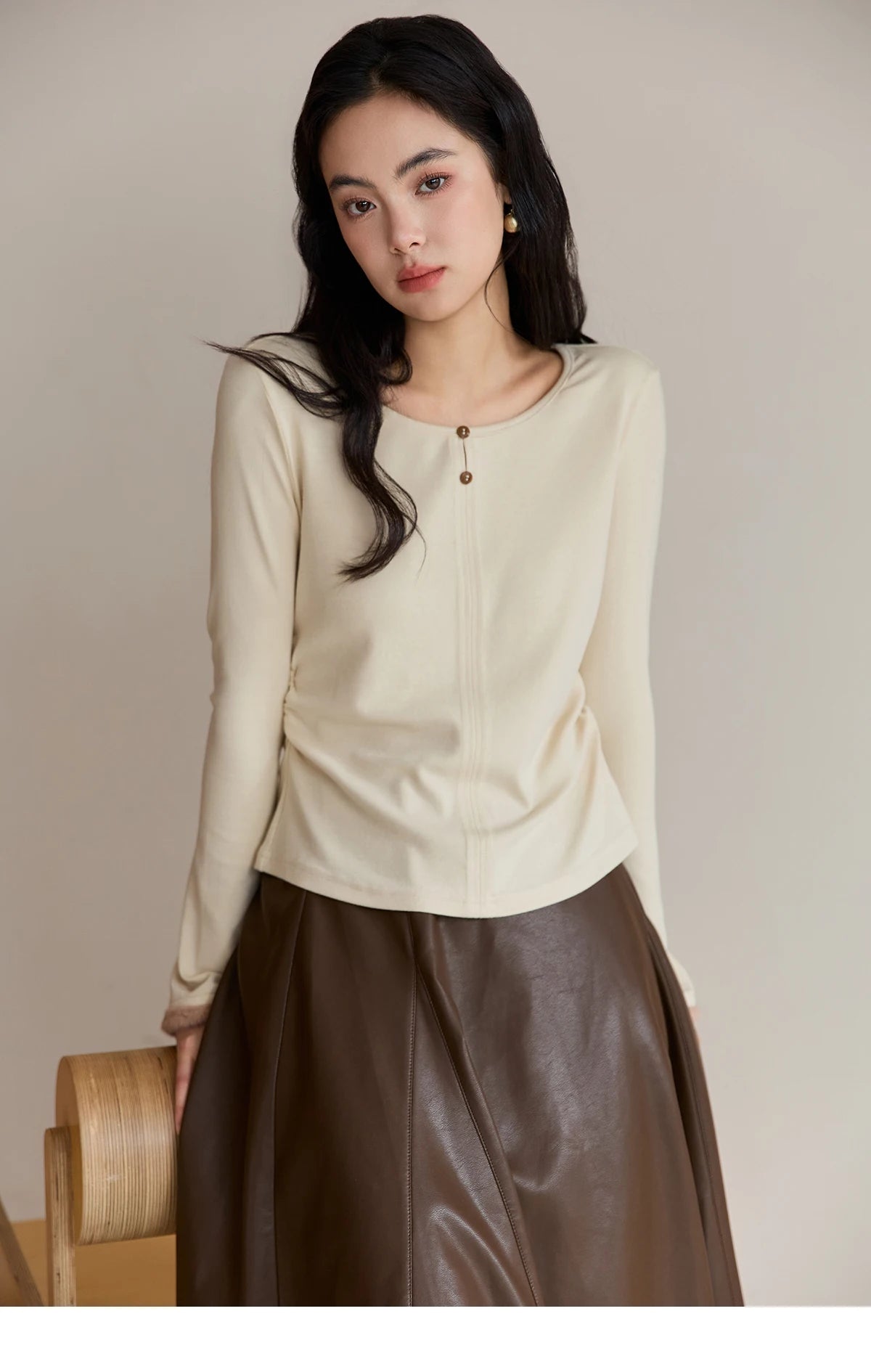 Mishow Apricot Brushed Knit Pleated Pullover MXE48Z2517