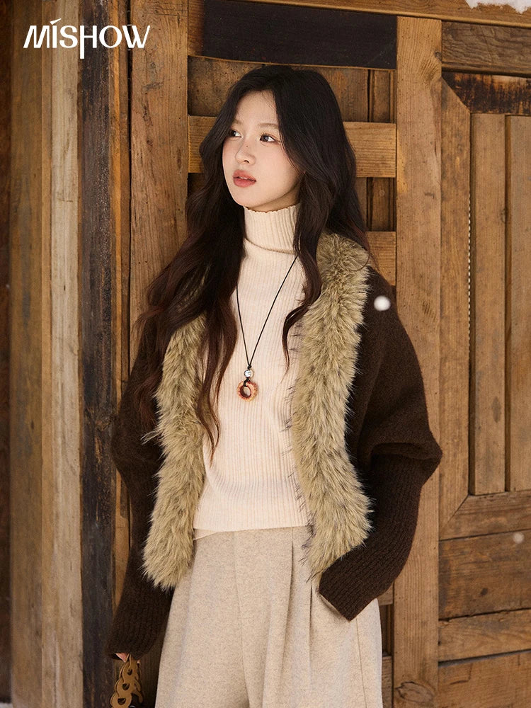 MISHOW Brown Knitted Cardigan Faux Fur Collar Batwing Sleeve MXE94Z2954