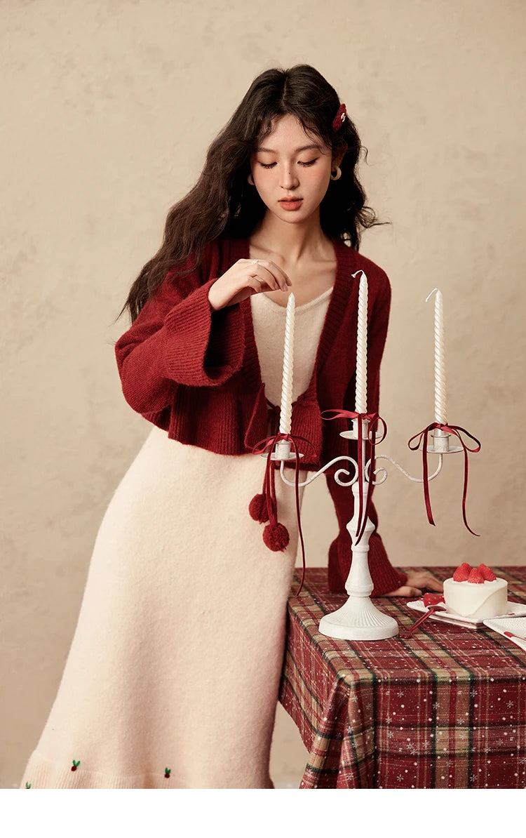 Mishow Pom-Pom Lace-Up Cardigan & Ruffle Strap Dress Set MXD59L2133