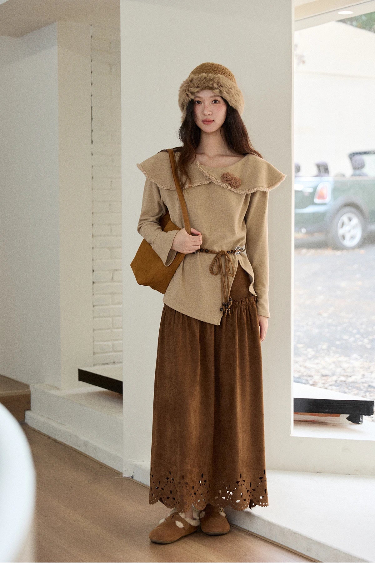 Mishow Retro Brown 3D Flower Decoration Round Neck Top MXE51Z2593